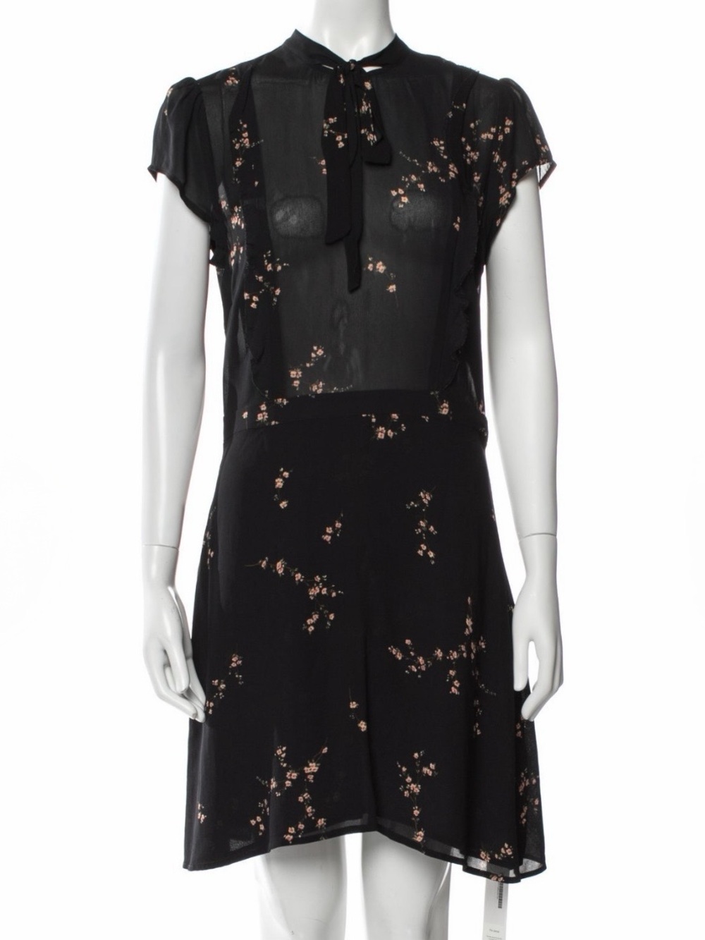 Reformation Black Floral Tie-Neck Dress with Pink Accents